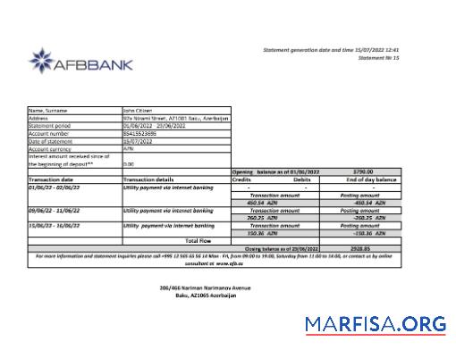 Printable Azerbaijan Afbbank bank statement excel real example